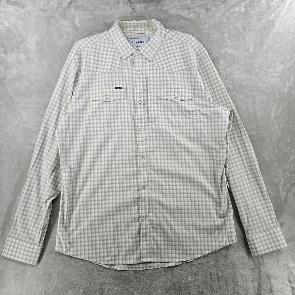 Poncho Western Shirt Mens XL Slim Grey White Gingham Pearl Snap Long Sleeve